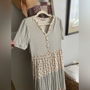 Floral Tiered Cream and Blue Short Sleeve Dress